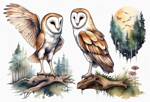 a barn owl with the legs of a stork walking a forest path tattoo idea