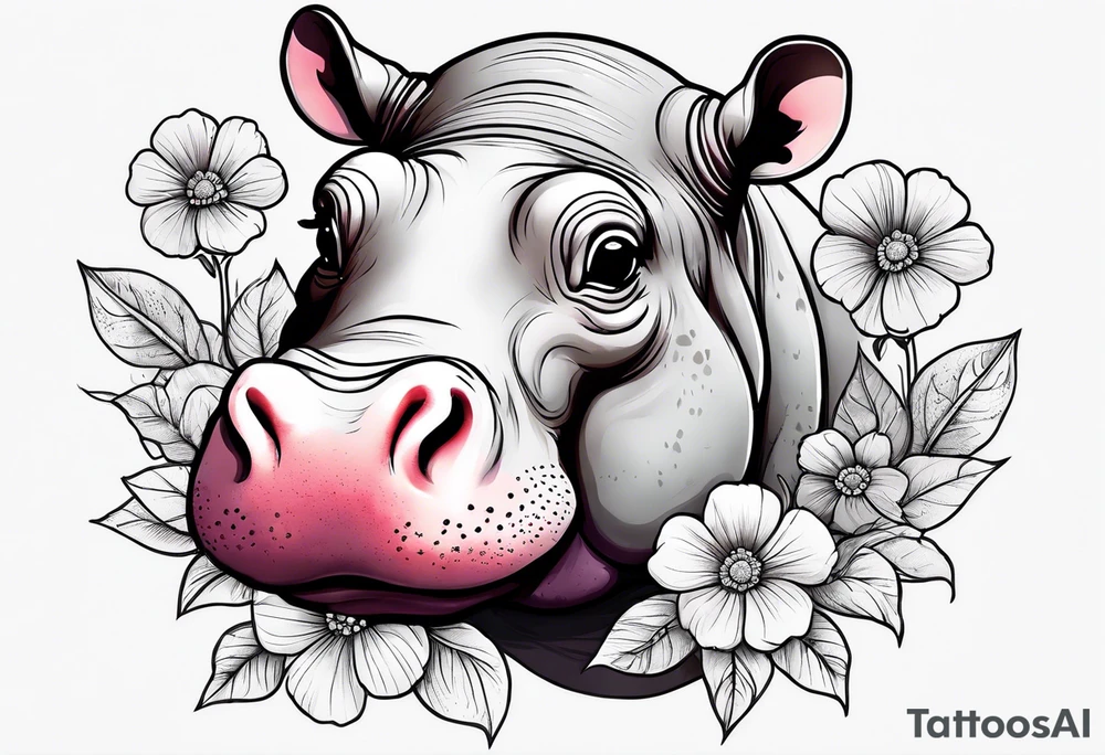 cute hippo with flowers tattoo idea