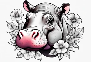 cute hippo with flowers tattoo idea