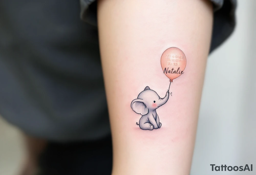 Delicate outline of a baby elephant holding a balloon with name Natálie and numbers 22.10.2023 v 5:15 in pastel peach script. tattoo idea