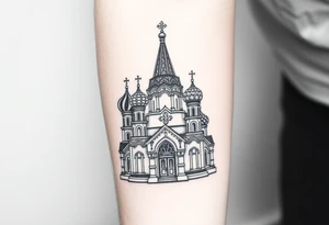 in a dorsal view a detailed orthodox church with onion domes and a band at the front with mist shrouding the top and fading into a virgin mary overlooking above at the top tattoo idea