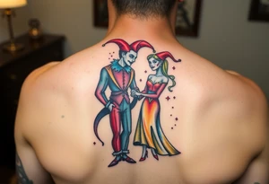 a toxic power jester couple holding each other tattoo idea