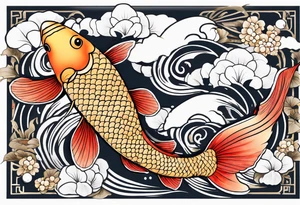 koi fish with a little narrow body, elongated fins, trimmed with pearls, ginko leaves around tattoo idea