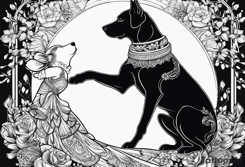 female dog reaching for the hand of a woman and she is facing backwords tattoo idea