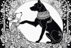 female dog reaching for the hand of a woman and she is facing backwords tattoo idea