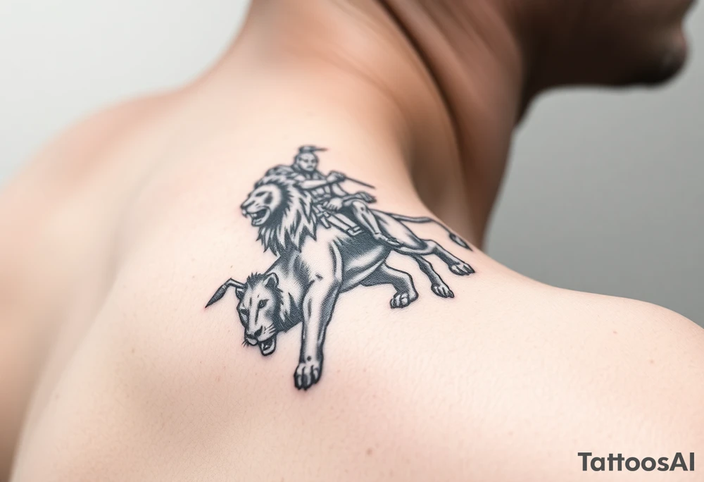 warrior riding on top of lion into battle tattoo idea