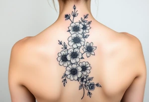A spine tattoo a flower vine going down the whole back With the flowers Honeysuckle Chrysanthemum  waterlily Gladiolus Daisy sweet pea rose tattoo idea