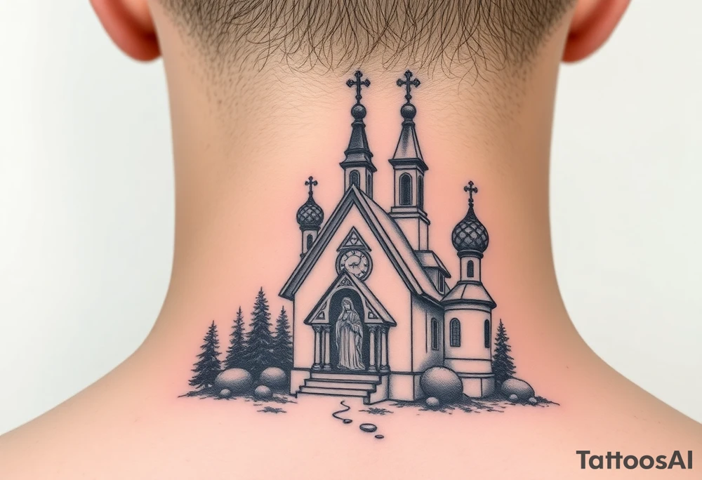 Traditional russian orthodox church in a wilderness setting with a prominent orthodox style virgin mary tattoo idea