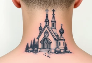 Traditional russian orthodox church in a wilderness setting with a prominent orthodox style virgin mary tattoo idea