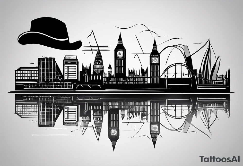 A minimalistic, abstract design capturing the architectural essence and vibe of London. Key elements of London’s skyline and structure are hinted at with clean lines, and subtle detailing includes personal touches, like a nod to Feid’s signature look (hat, glasses, mustache), integrated discreetly to honor a memorable concert experience. tattoo idea