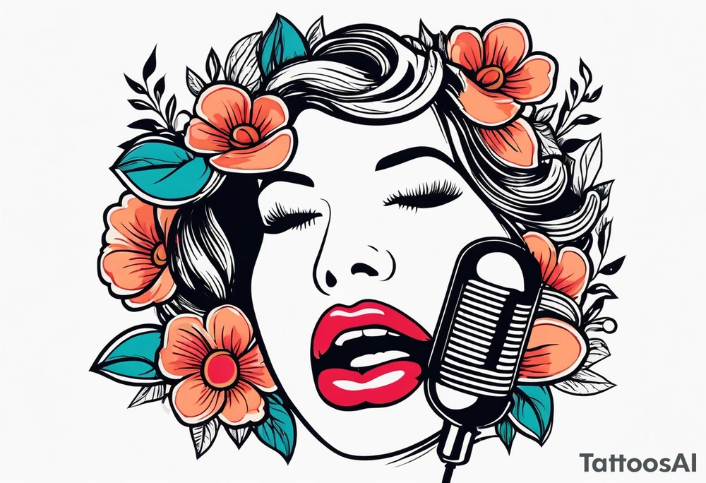 lips singing old school vintage traditional
flowers around and mouth next to microphone
bold and colorful simple design tattoo idea