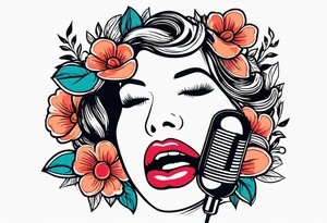 lips singing old school vintage traditional
flowers around and mouth next to microphone
bold and colorful simple design tattoo idea