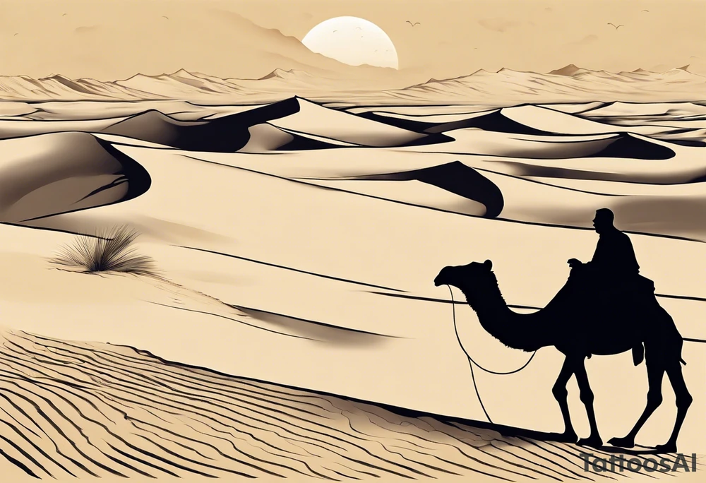 Design a tattoo depicting a distant view of a vast desert landscape with low, undulating sand dunes. Capture a man and his camel moving away, leaving footprints in the sand, both resilient against the harsh environment. The man covers his face with a long cloth, adding a sense of mystery and solitude to the scene. tattoo idea