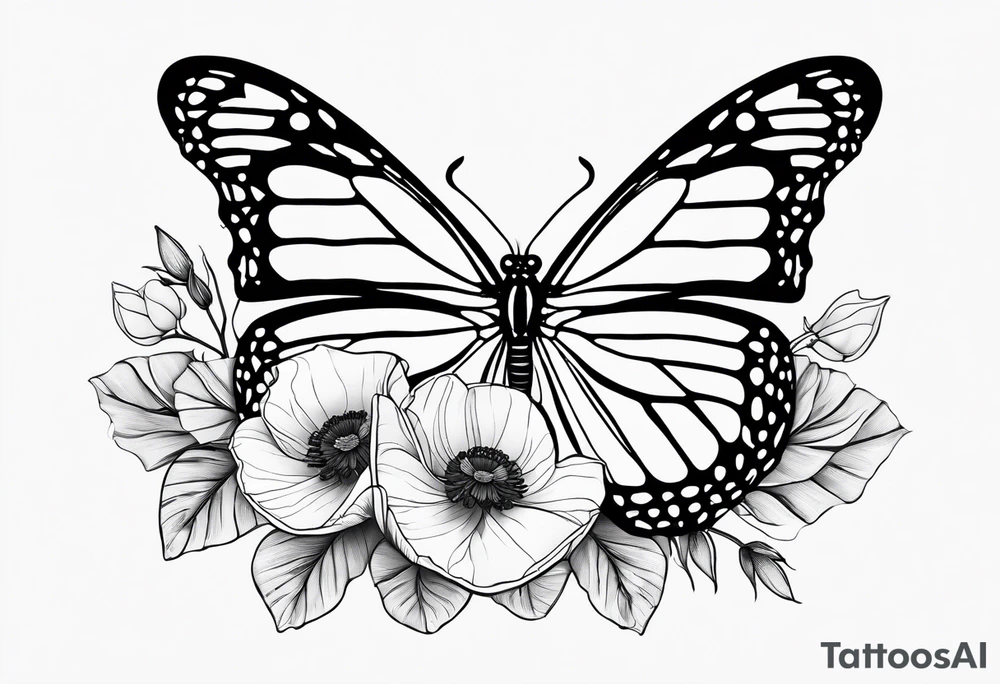 black and white fine line tattoo of a monarch butterfly with poppy flowers exclusively inside the top halves of the wings, featuring minimalistic lines and intricate details, while the bottom halves remain simple. tattoo idea