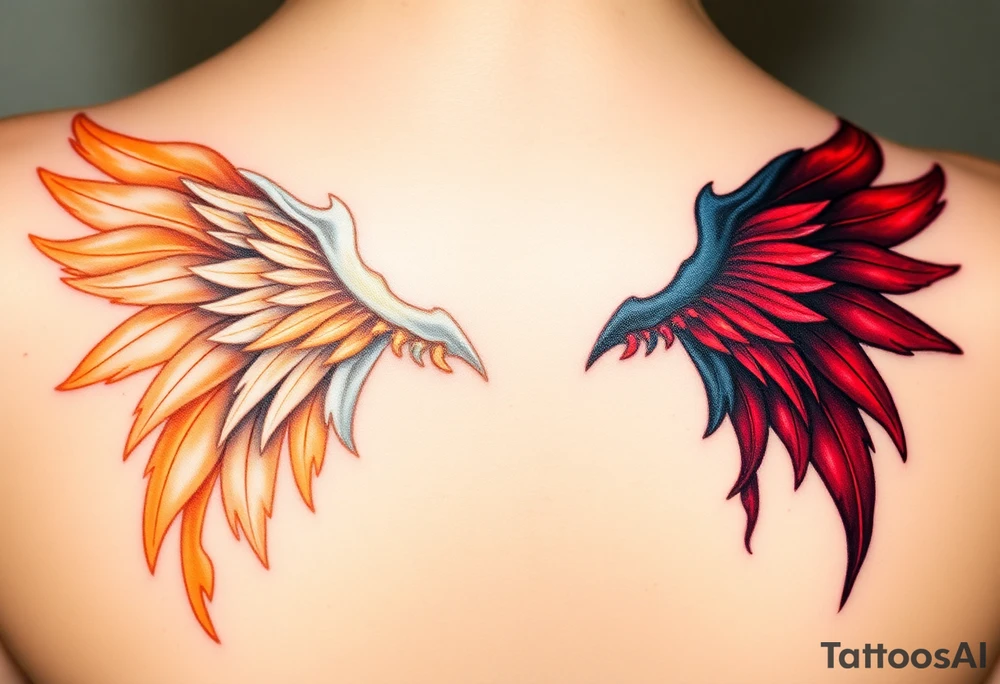 Angel wings in soft white and gold, with flowing feathers, contrasted against demonic wings in dark red and black, jagged and torn. The angel wings are illuminated with glowing halos, while the demon wings have subtle, glowing embers at their tips tattoo idea