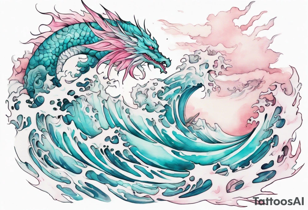 a beautiful turquoise pink and white sea  Drakaina rising from the waves of the ocean tattoo idea