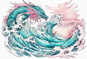 a beautiful turquoise pink and white sea  Drakaina rising from the waves of the ocean tattoo idea