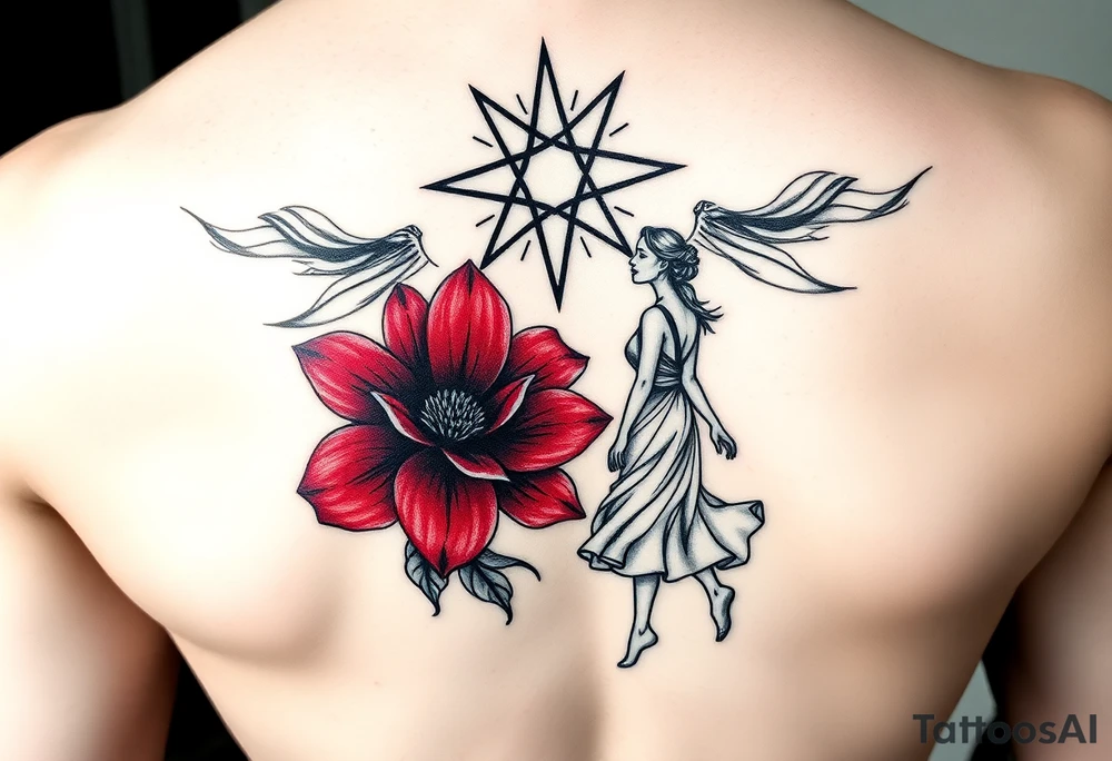 A highly artistic tattoo design with a central focus on a radiant star, symbolizing guidance and empowerment. Below the star, a deep crimson arghaman flower (scarlet flower) blooms gracefully, representing beauty and resilience. To the side, a free-spirited woman walks barefoot, embodying feminine strength and absolute freedom. The composition should evoke a sense of empowerment and liberation, with flowing lines and a dreamy, poetic atmosphere. The style should be artistic rather than hyper-realistic, with fine details, elegant line work, and a slightly abstract touch. The overall aesthetic should feel timeless, expressive, and deeply meaningful, capturing the essence of feminine power and freedom. tattoo idea