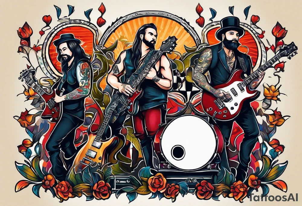 Just 4 fun band with guitar and drums three guys and one lady singer tattoo idea