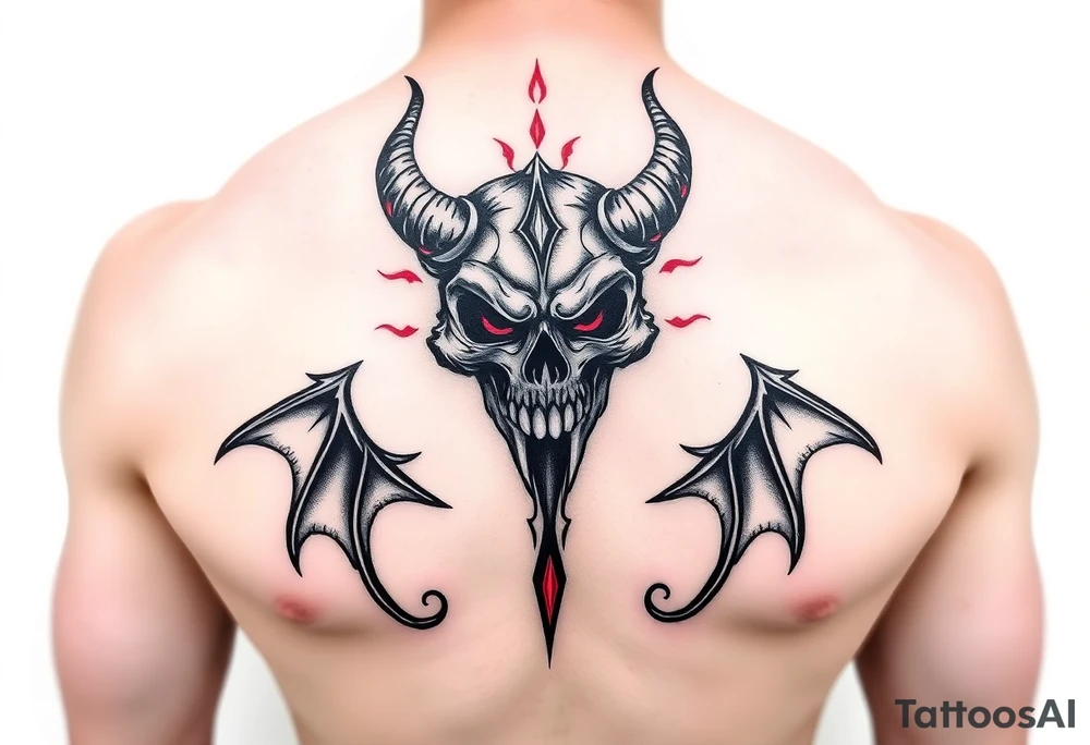Demon skull black and red on left chest male tattoo idea
