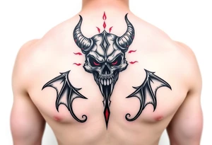 Demon skull black and red on left chest male tattoo idea