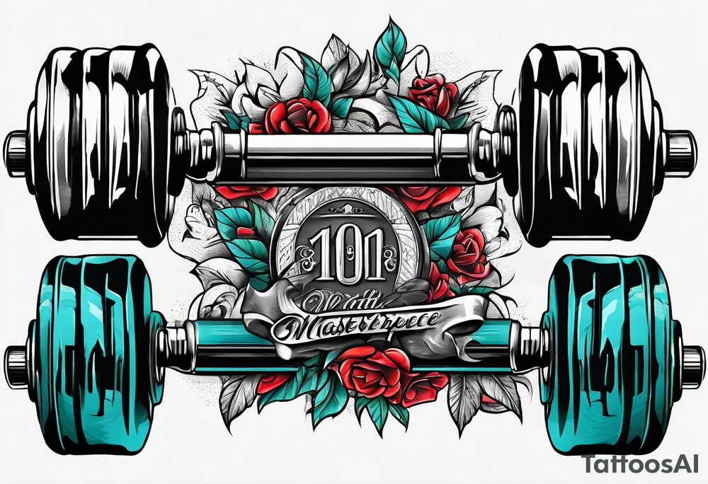 Dumbell with writing text : never enough tattoo idea