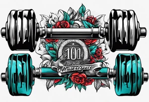 Dumbell with writing text : never enough tattoo idea