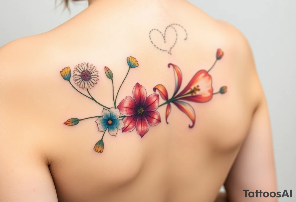 This tattoo is on a woman. It is a line of flowers connected by a single stem. It starts on her left pectoral with a Glaiolus and Daisy together, then the tatoo rises over the left shoulder and down the arm and ends at the elbow. The tattoo will include a primrose, Calla Lily, and a Lilly. It will be light on color except in the petals and has light shading to make it pop. tattoo idea