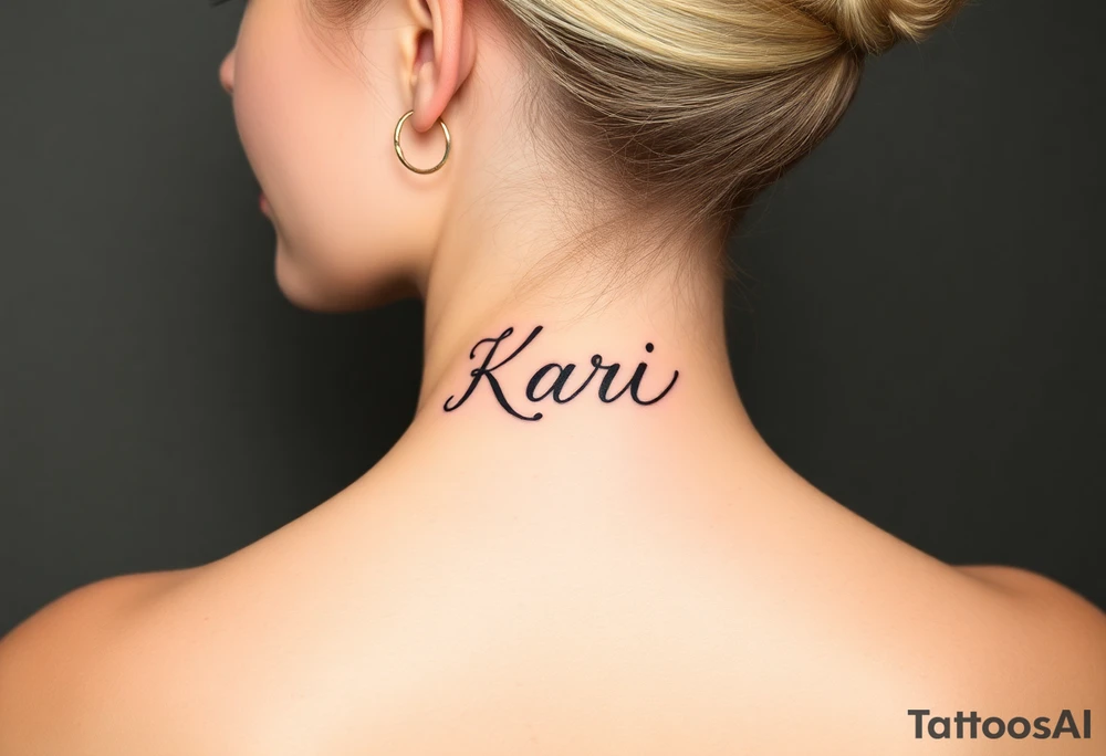 The word “Kari” going up and down directionally on side of face by sideburns tattoo idea