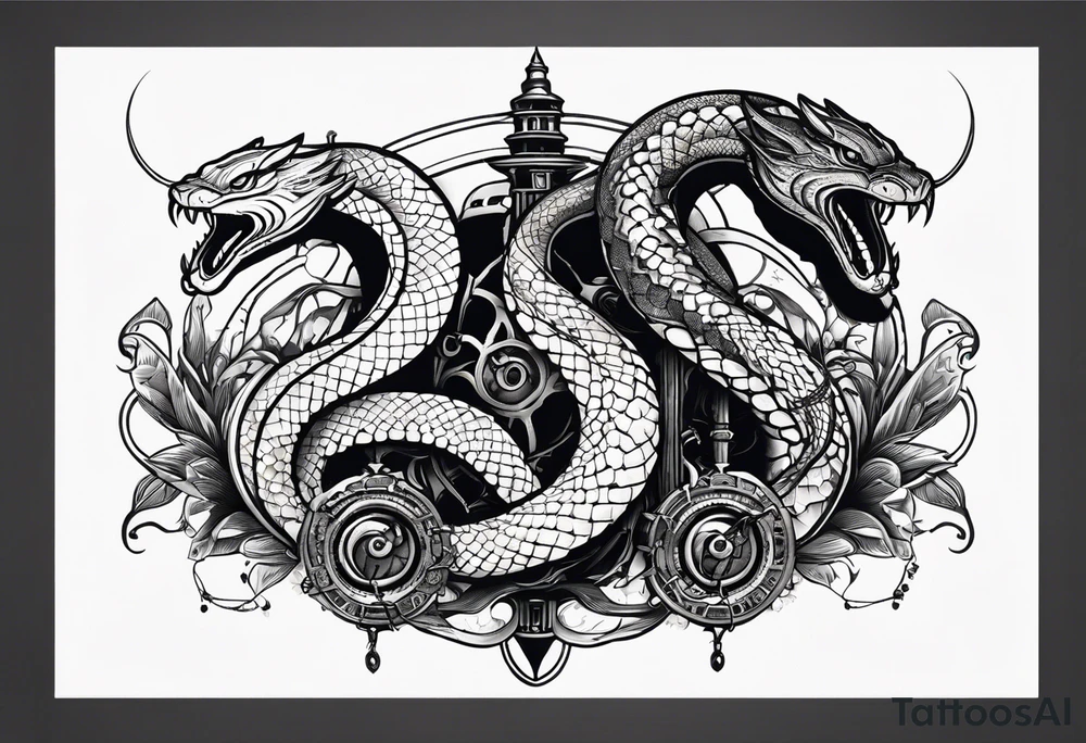 Aggresive Snakes eating each other with a sword, this design must be in a vertical vertical proportion. Additionaly the desing must be "Steampunk" type tattoo idea