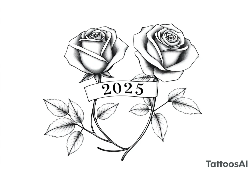two beautiful large rose buds, one larger than the other, with many leaves next to the rose buds, with one sitting higher than the other. Include a banner connecting the two roses with the year "2025" on it.   Use dark outlines with little shading. The two stems should be short, not long, and connect and join into one stem, whimsically curved or twisted - not straight down. tattoo idea