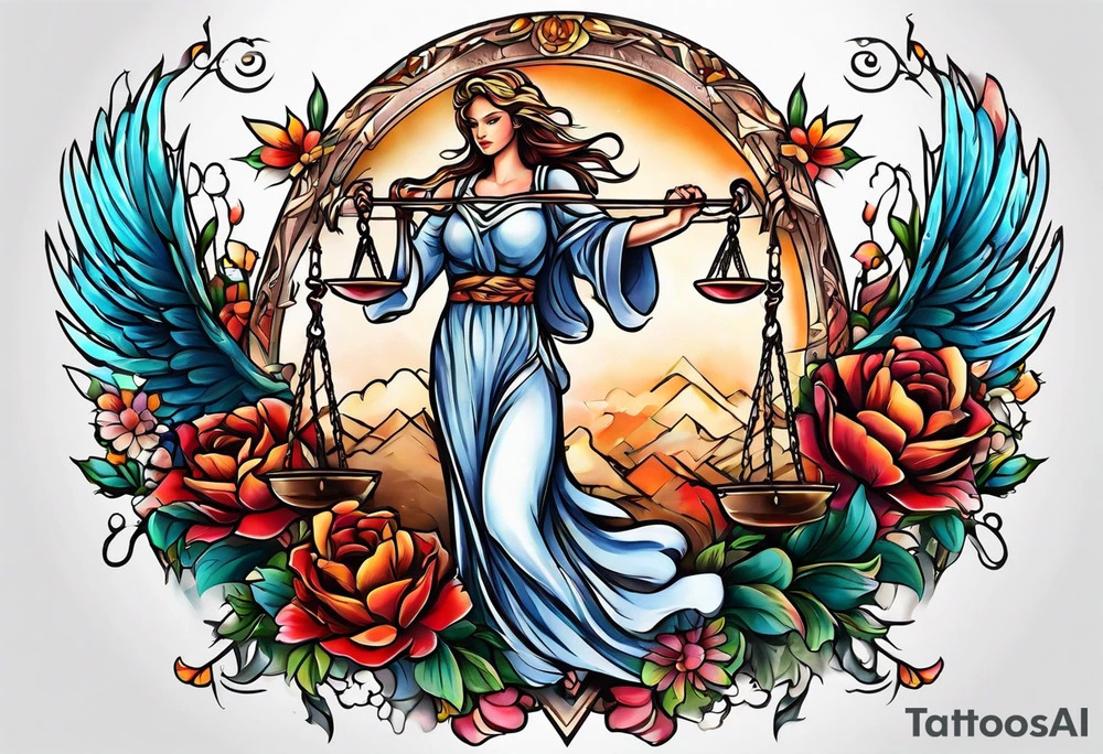 phoenix, lady justice and flowers tattoo idea
