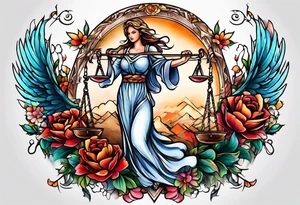 phoenix, lady justice and flowers tattoo idea