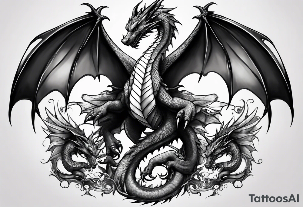 Mother dragon and 3 baby dragons wings spread tattoo idea