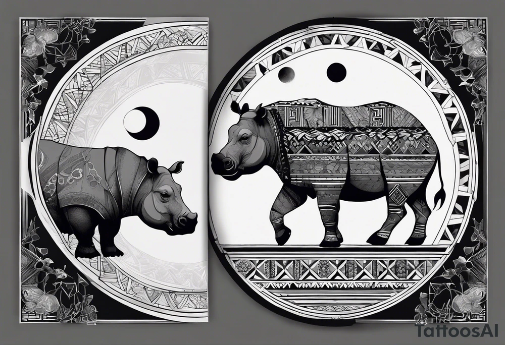 Very asymmetrical, +geometric pattern, with realistic full moon, with hippo,+tribal, +geometric, +inkart , +blackwork, +grey scale, + sketch
with wintersweet flower bud, +for men, detailed layering , modify from my favourites , dont look like a cow tattoo idea