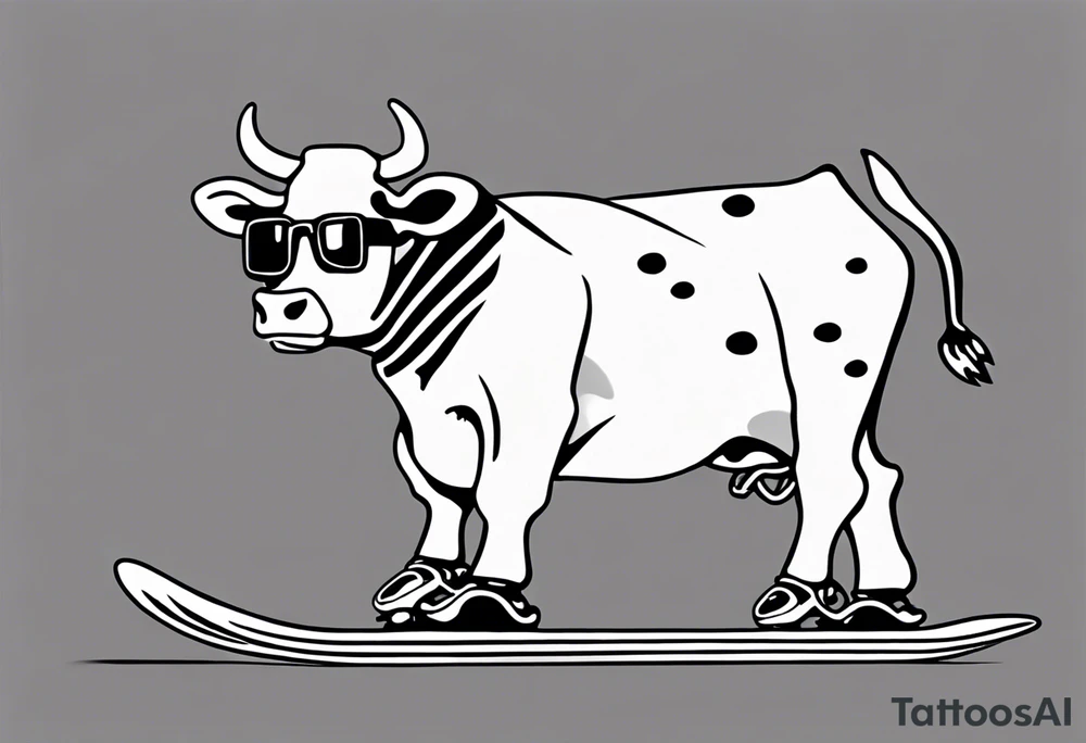 Generate a minimalist and simple black and white tattoo design featuring a joyful cow snowboarding, wearing goggles. Focus on essential lines and details to convey the playful spirit of the scene. The cow should exude confidence while effortlessly snowboarding down a snowy slope. Keep the design clean and uncluttered, suitable for a small to medium-sized tattoo space. Emphasize the charm and whimsy with the addition of goggles, ensuring the overall aesthetic remains simple and minimalistic. The goal is to create a visually appealing and easily recognizable tattoo that captures the essence of a cow enjoying a snowboarding adventure tattoo idea