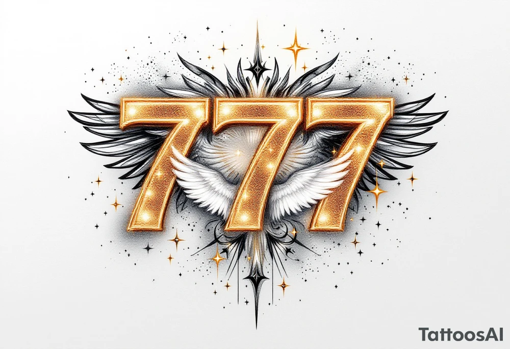 A bold, glowing "777" in a sleek, modern font in gold and silver light. The numbers are surrounded by celestial elements like tiny twinkling stars, a faint halo, and soft angelic wings, symbolizing divine guidance and good fortune. tattoo idea