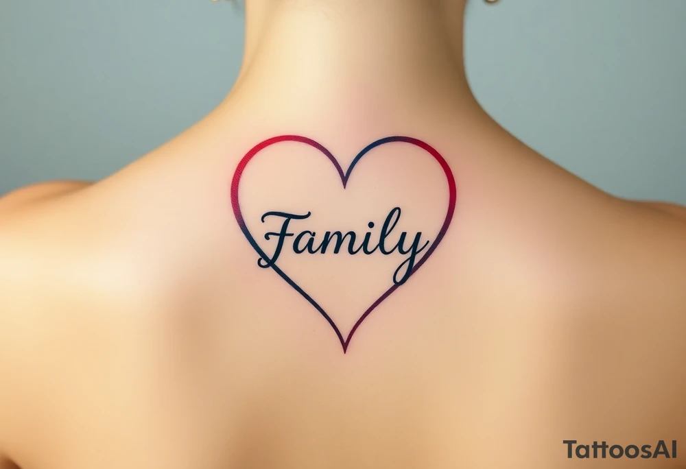 Colorful heart-shaped infinity loop, and the word "family" elegantly placed at the center in a soft script tattoo idea