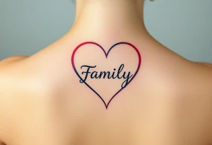 Colorful heart-shaped infinity loop, and the word "family" elegantly placed at the center in a soft script tattoo idea