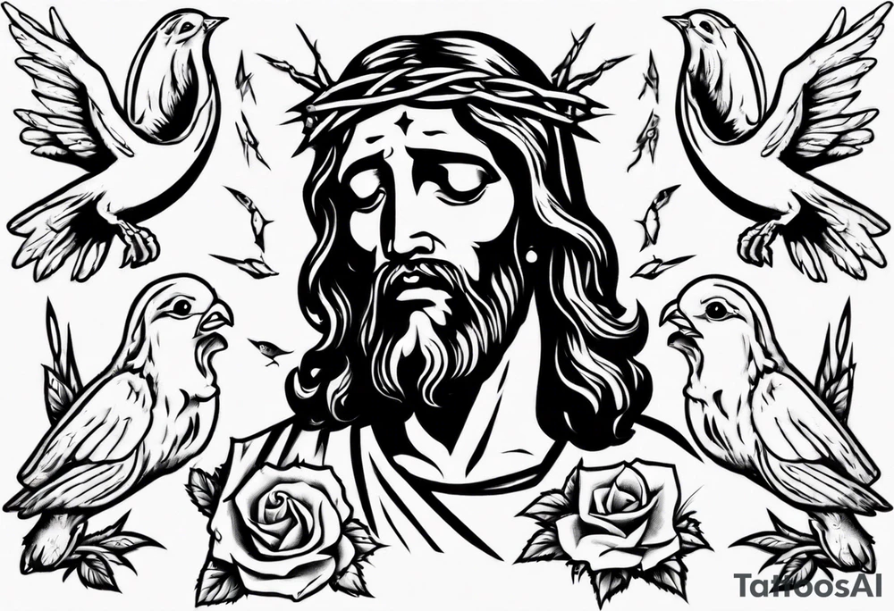Jesus with thorns and crying, doves, lambs, tattoo idea