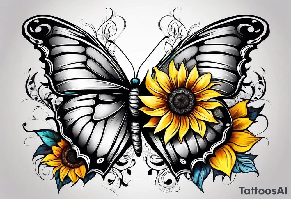 Sunflower and butterfly leg sleeve tattoo idea