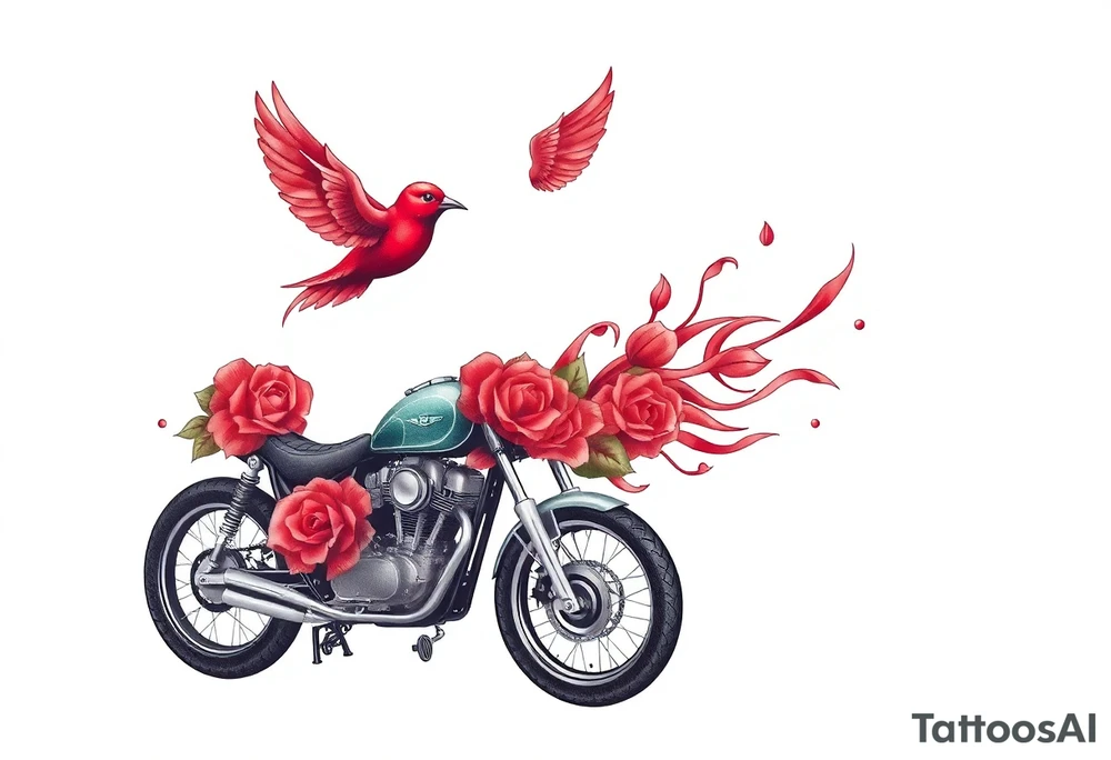 Motorcycle, red bird flying, roses and lace, flames tattoo idea
