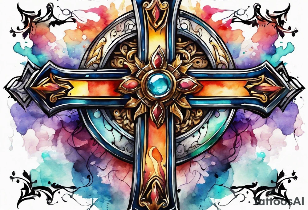 hook cross with watercolor background tattoo idea