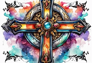 hook cross with watercolor background tattoo idea