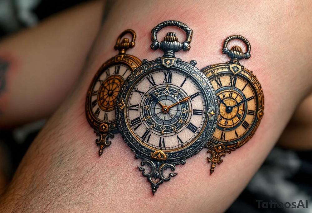 Three interwoven pocket watches in antique bronze, shimmering silver, and royal gold, each frozen at a meaningful time. tattoo idea