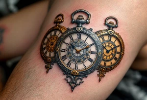 Three interwoven pocket watches in antique bronze, shimmering silver, and royal gold, each frozen at a meaningful time. tattoo idea