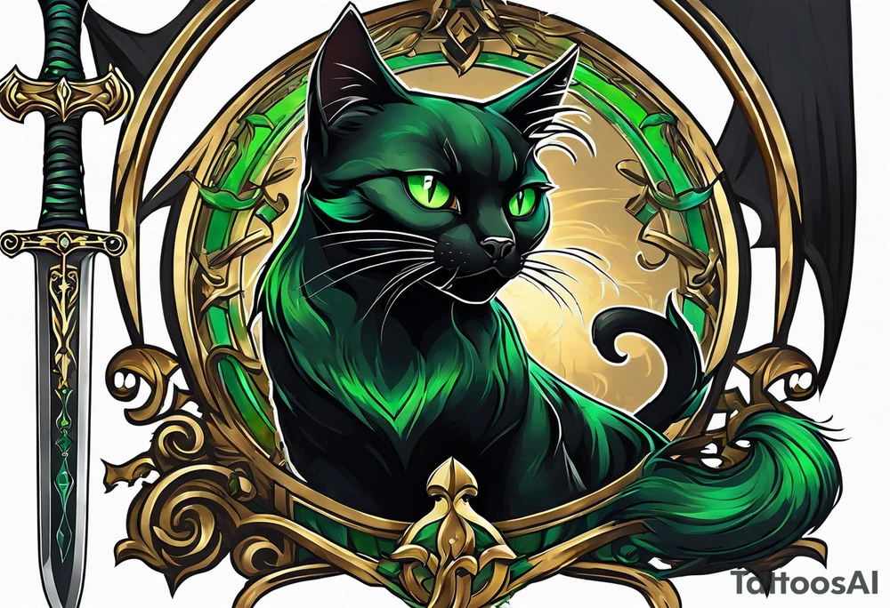 Black cat with green eyes hissing with its tail wrapped around the hilt of a sword tattoo idea