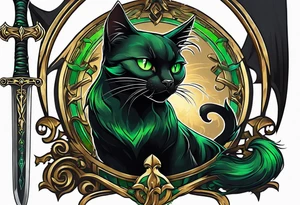 Black cat with green eyes hissing with its tail wrapped around the hilt of a sword tattoo idea