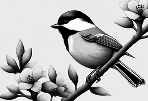 Illustrate a tattoo of a chickadee perched on a twig, focusing on clean lines and minimal detail for an understated design tattoo idea