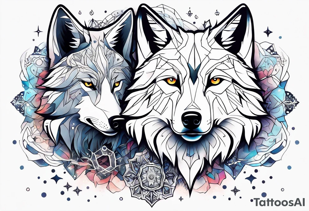 Constellation, two animal wolf, snowflake tattoo idea